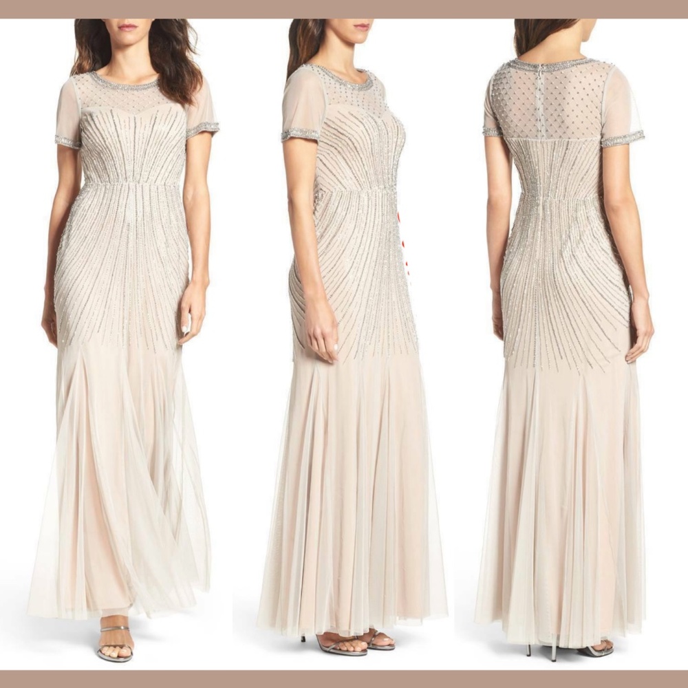 NEW Adrianna Papell Beaded Short Sleeves Godet Gown‎ in Nude Silver [SZ 16 ]